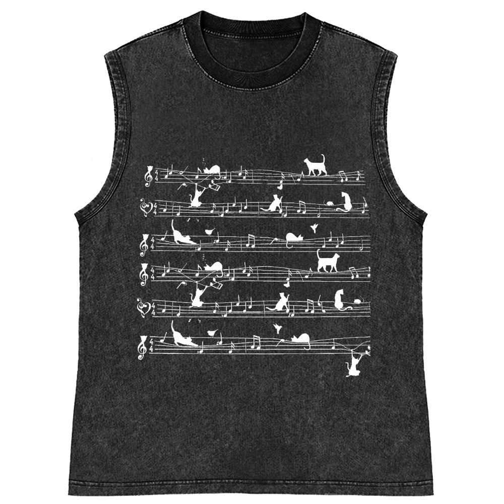Cat Music Sheet Retro Washed Tank Top