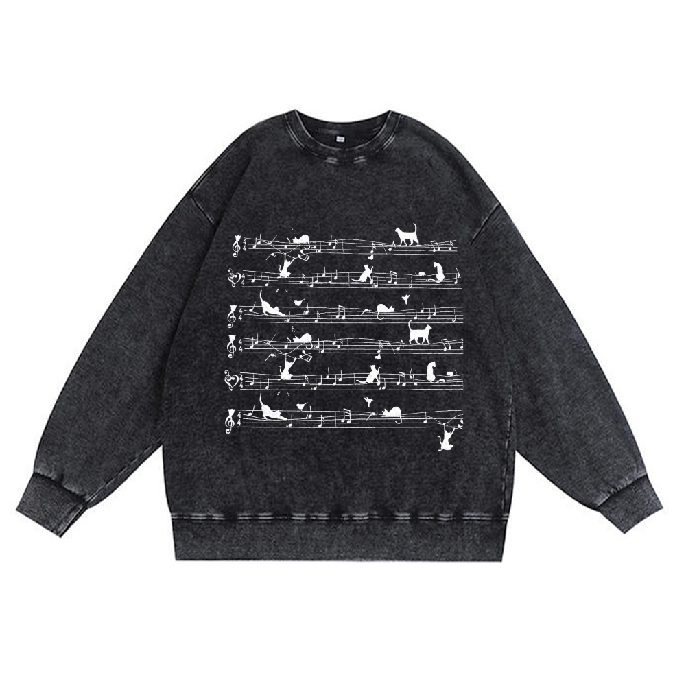 Cat Music Sheet Retro Premium Washed Cotton Crewneck Sweatshirt