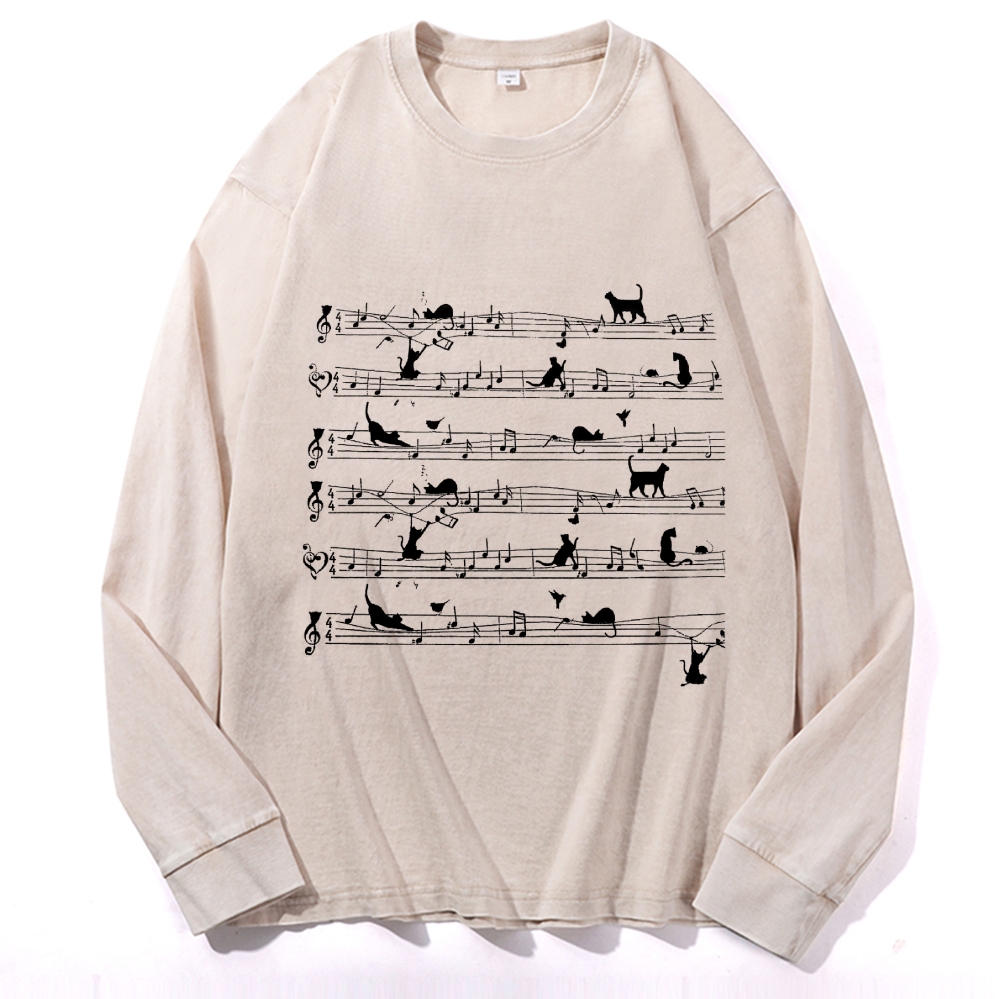 Cat Music Sheet Retro Washed Long Sleeve T-Shirt