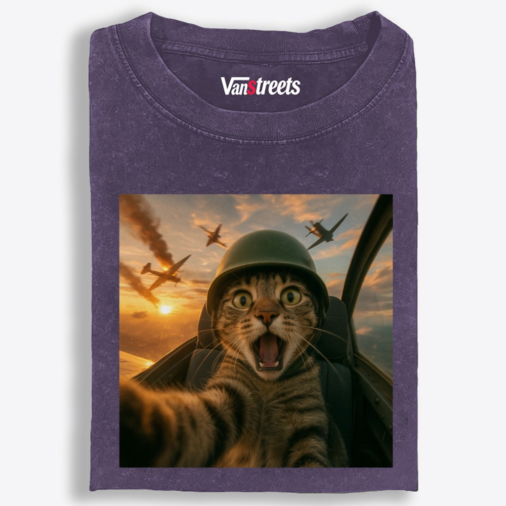 Dogfight Selfie Cat Retro Washed T-Shirt | 100% Cotton | Streetwear Essential