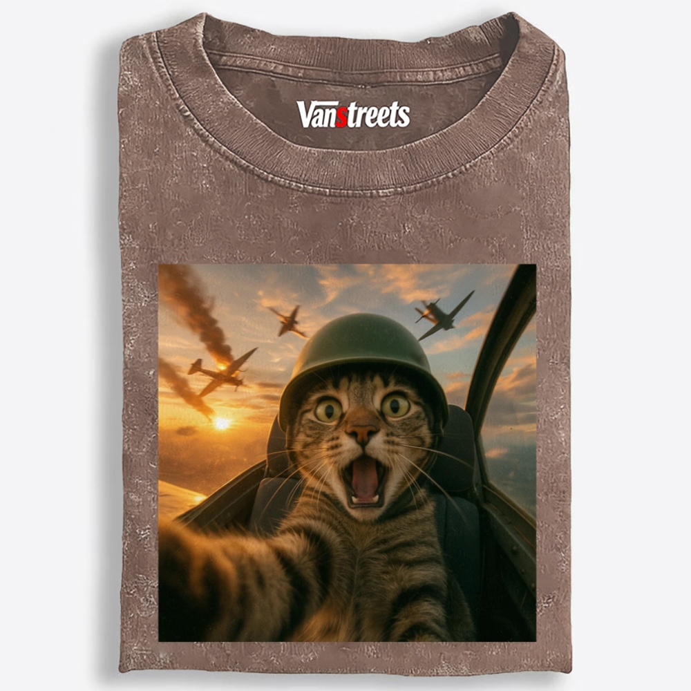 Dogfight Selfie Cat Retro Washed T-Shirt | 100% Cotton | Streetwear Essential