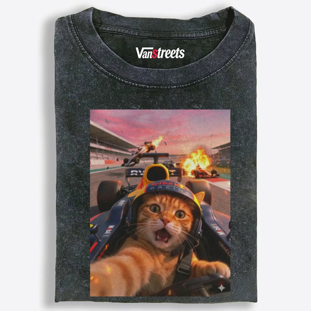 Ace Racer Meow Retro Washed T-Shirt | 100% Cotton | Streetwear Essential