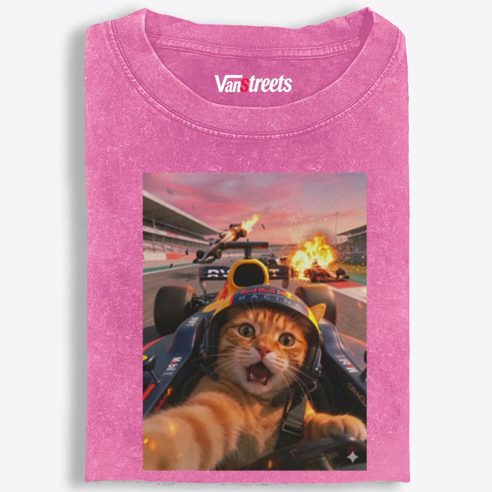 Ace Racer Meow Retro Washed T-Shirt | 100% Cotton | Streetwear Essential