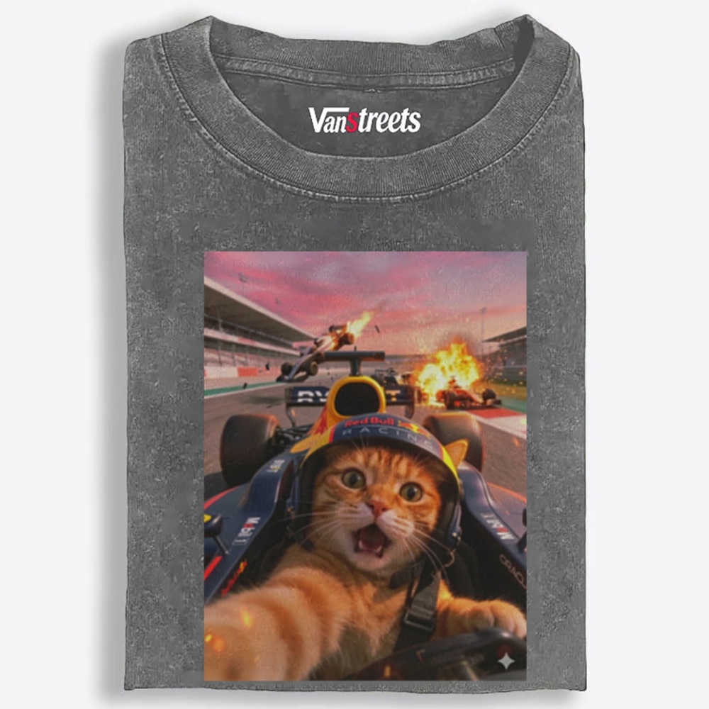 Ace Racer Meow Retro Washed T-Shirt | 100% Cotton | Streetwear Essential