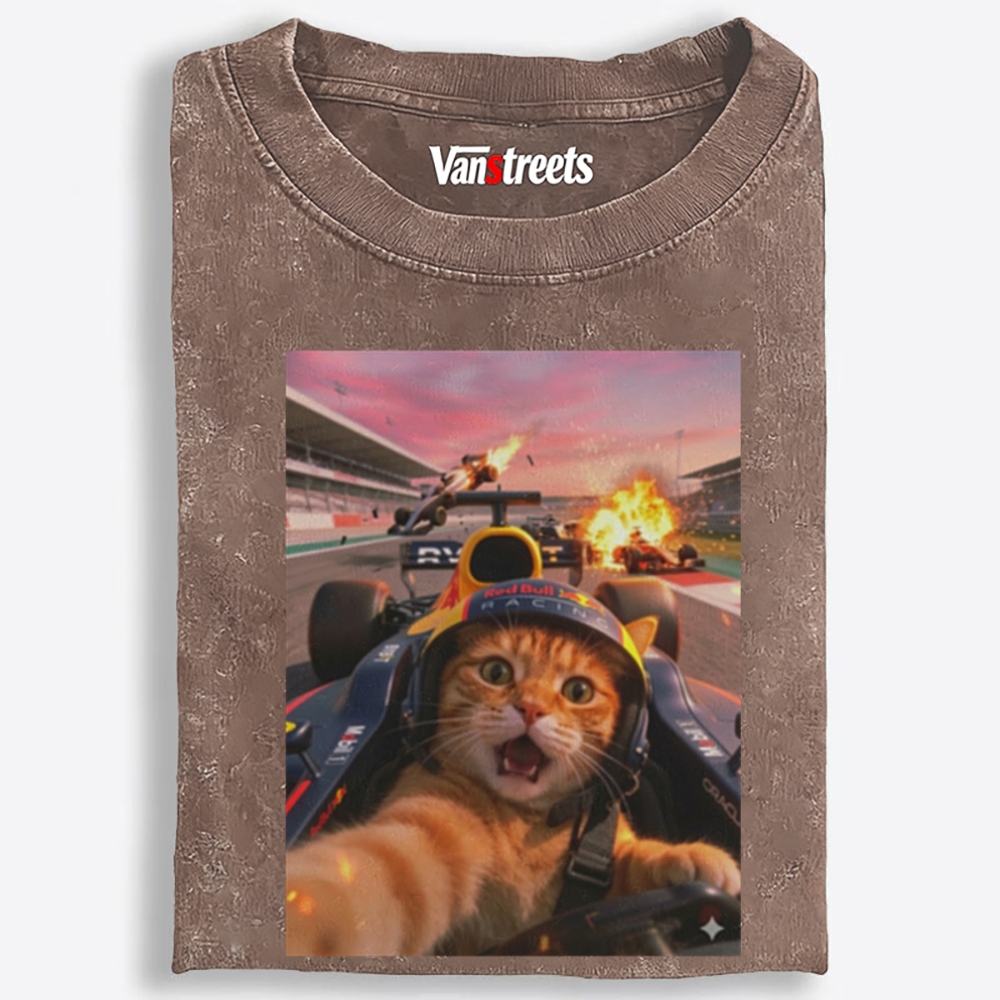 Ace Racer Meow Retro Washed T-Shirt | 100% Cotton | Streetwear Essential