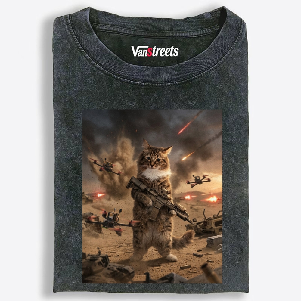 Battlefield Badass Meow Retro Washed T-Shirt | 100% Cotton | Streetwear Essential