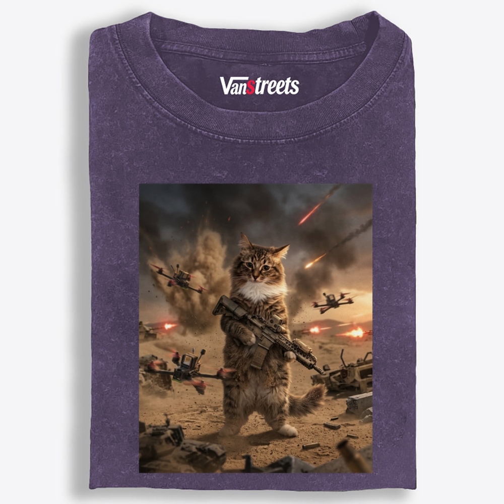 Battlefield Badass Meow Retro Washed T-Shirt | 100% Cotton | Streetwear Essential