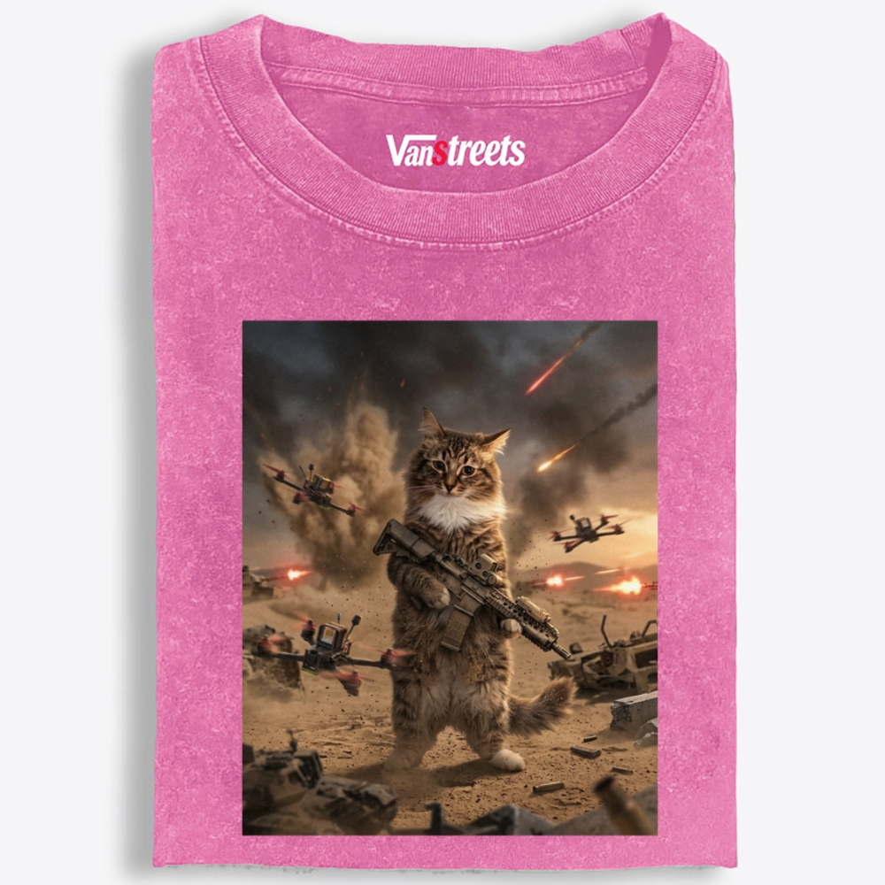 Battlefield Badass Meow Retro Washed T-Shirt | 100% Cotton | Streetwear Essential