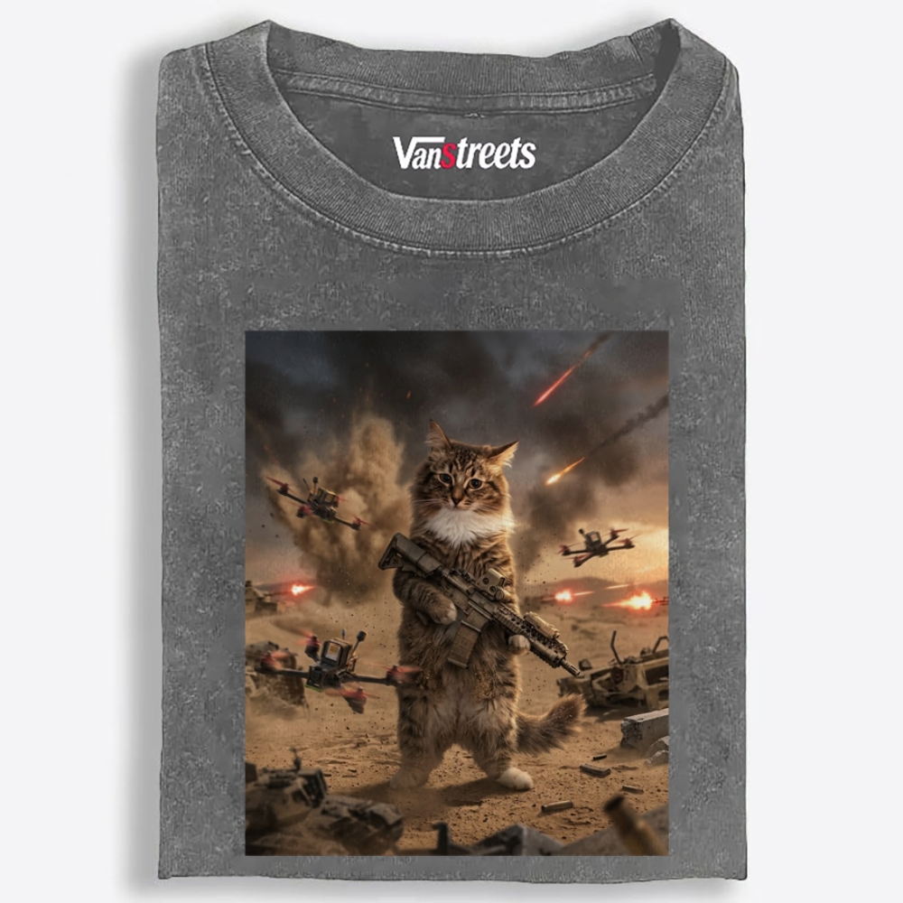 Battlefield Badass Meow Retro Washed T-Shirt | 100% Cotton | Streetwear Essential
