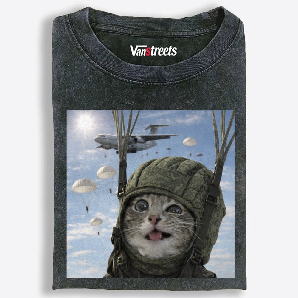 Ace Paratrooper Meow Retro Washed T-Shirt | 100% Cotton | Streetwear Essential
