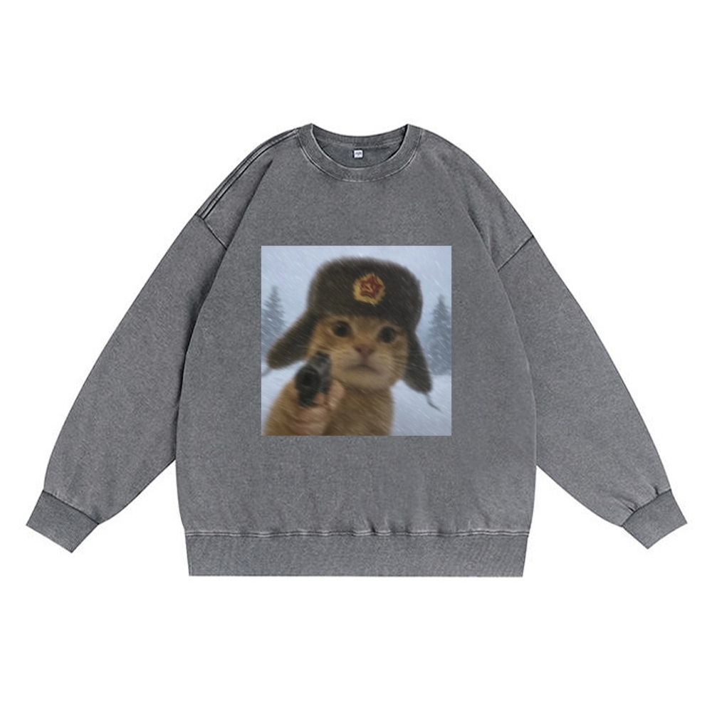 Soviet Ushanka Cat Retro Premium Washed Cotton Crewneck Sweatshirt