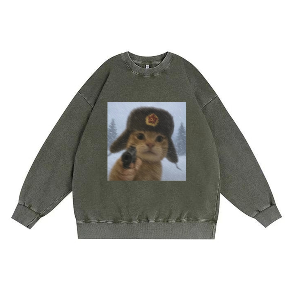 Soviet Ushanka Cat Retro Premium Washed Cotton Crewneck Sweatshirt