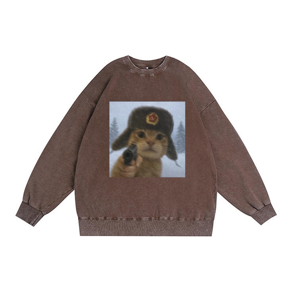Soviet Ushanka Cat Retro Premium Washed Cotton Crewneck Sweatshirt