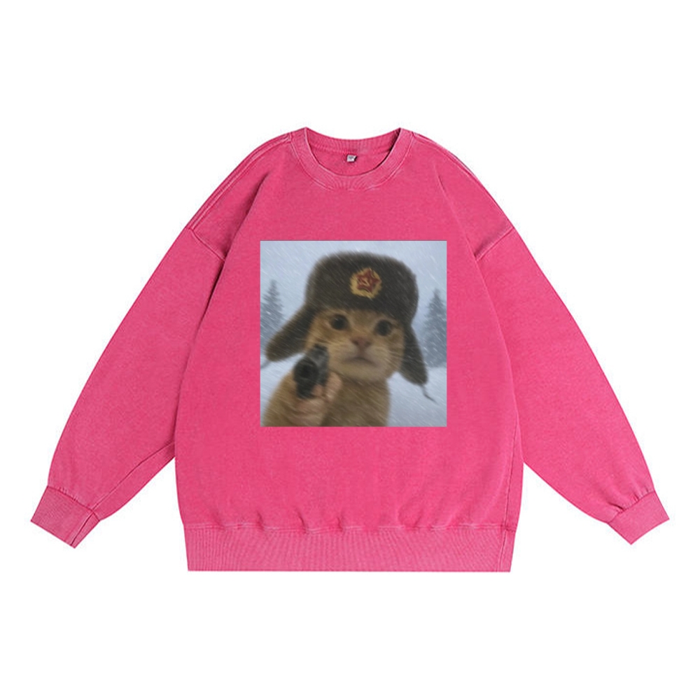 Soviet Ushanka Cat Retro Premium Washed Cotton Crewneck Sweatshirt