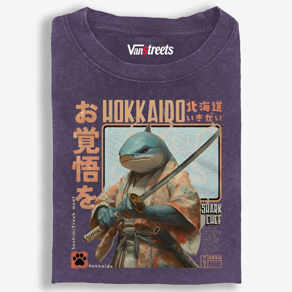 Hokkaido Shark Samurai Retro Washed T-Shirt | 100% Cotton | Streetwear Essential