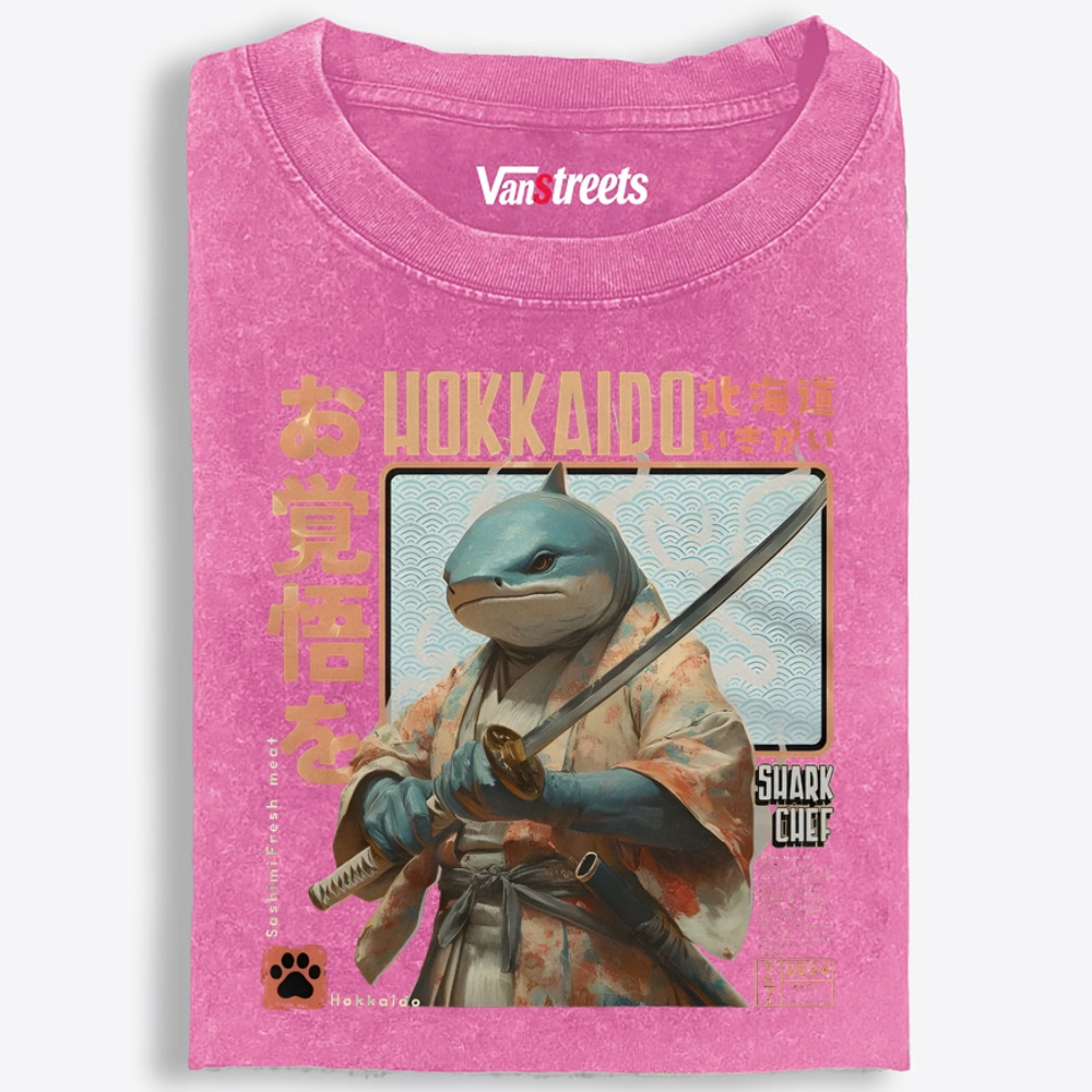 Hokkaido Shark Samurai Retro Washed T-Shirt | 100% Cotton | Streetwear Essential