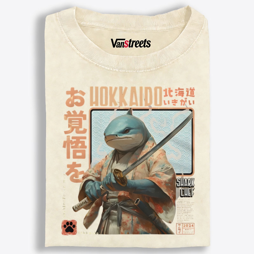 Hokkaido Shark Samurai Retro Washed T-Shirt | 100% Cotton | Streetwear Essential