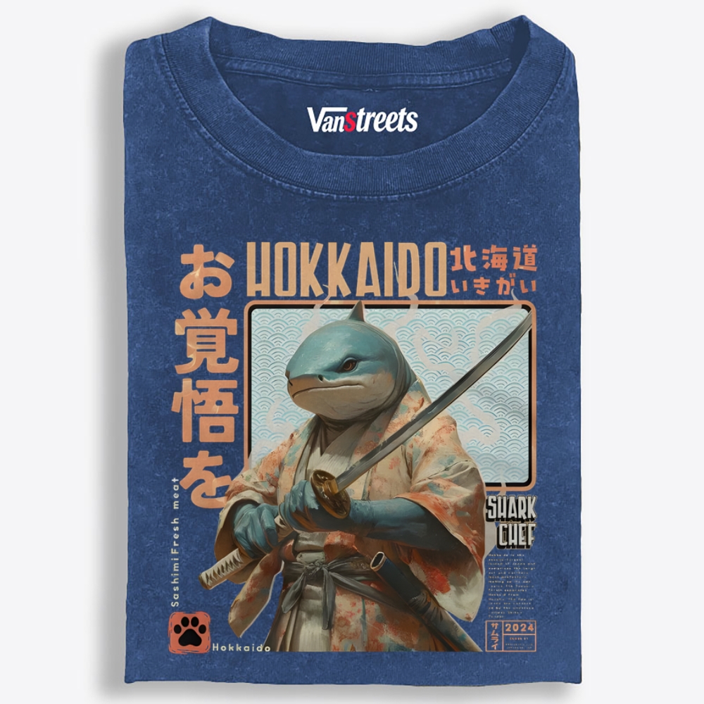 Hokkaido Shark Samurai Retro Washed T-Shirt | 100% Cotton | Streetwear Essential