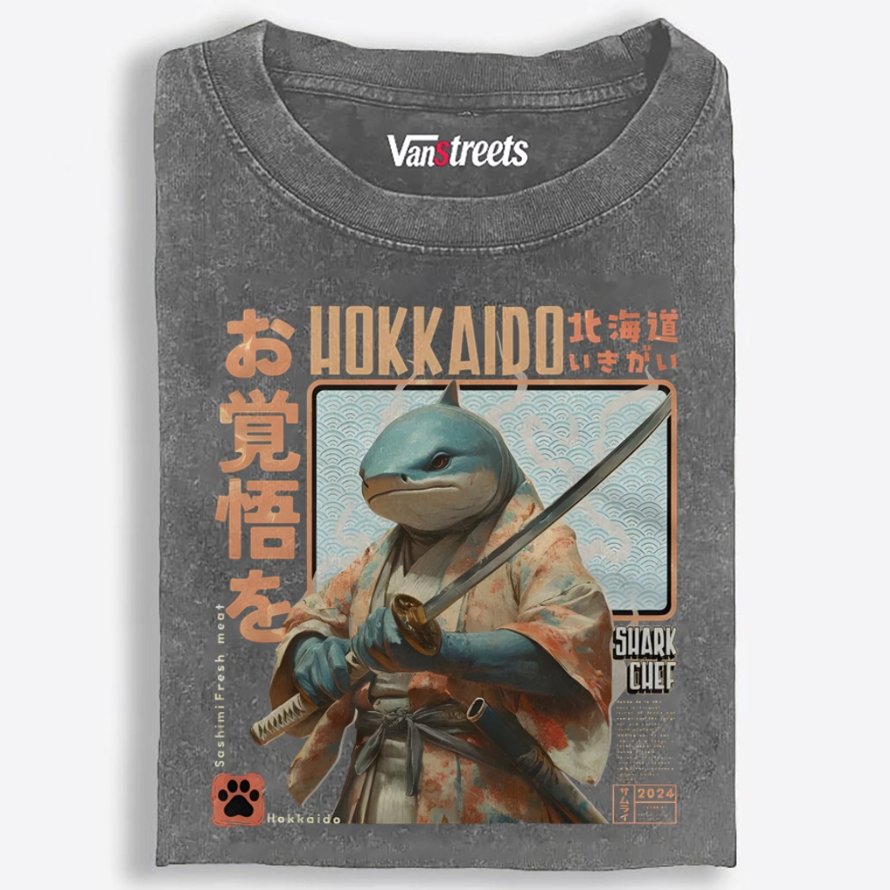Hokkaido Shark Samurai Retro Washed T-Shirt | 100% Cotton | Streetwear Essential