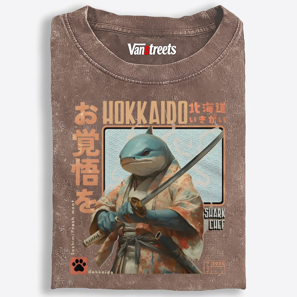 Hokkaido Shark Samurai Retro Washed T-Shirt | 100% Cotton | Streetwear Essential