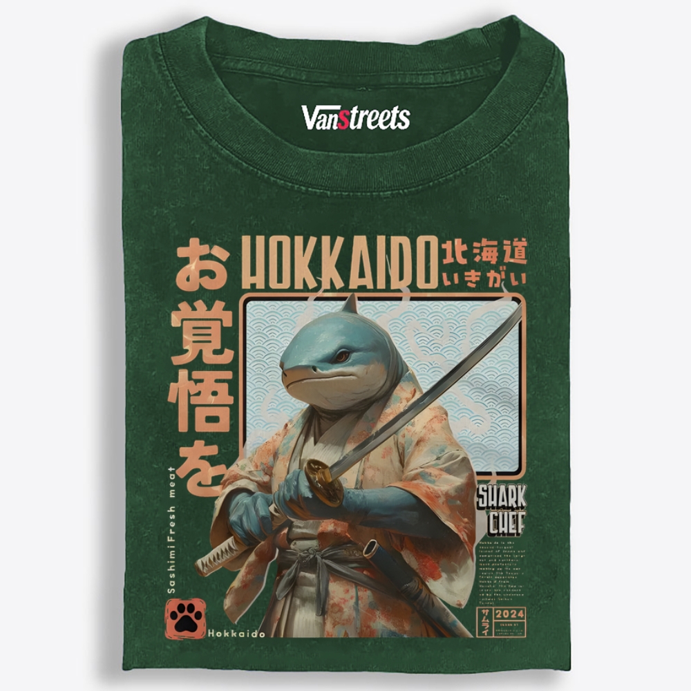 Hokkaido Shark Samurai Retro Washed T-Shirt | 100% Cotton | Streetwear Essential