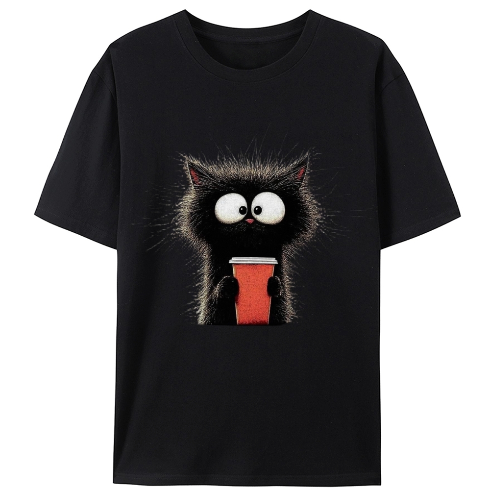 Fluffy Cat with Coffee Retro Designed for Women - Slim Fit Cotton Tee