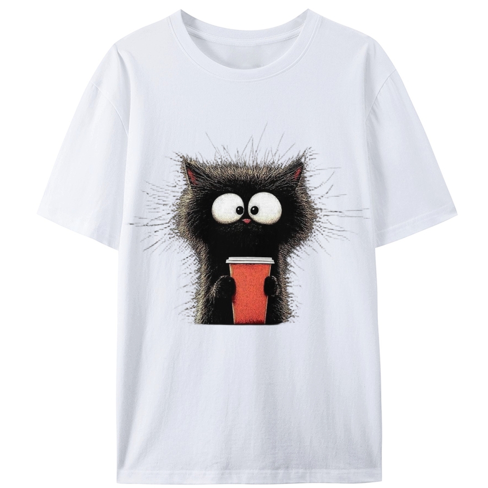 Fluffy Cat with Coffee Retro Designed for Women - Slim Fit Cotton Tee