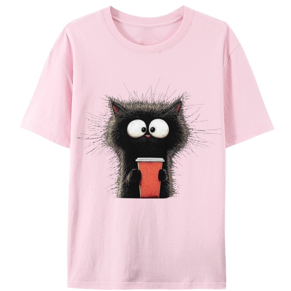 Fluffy Cat with Coffee Retro Designed for Women - Slim Fit Cotton Tee