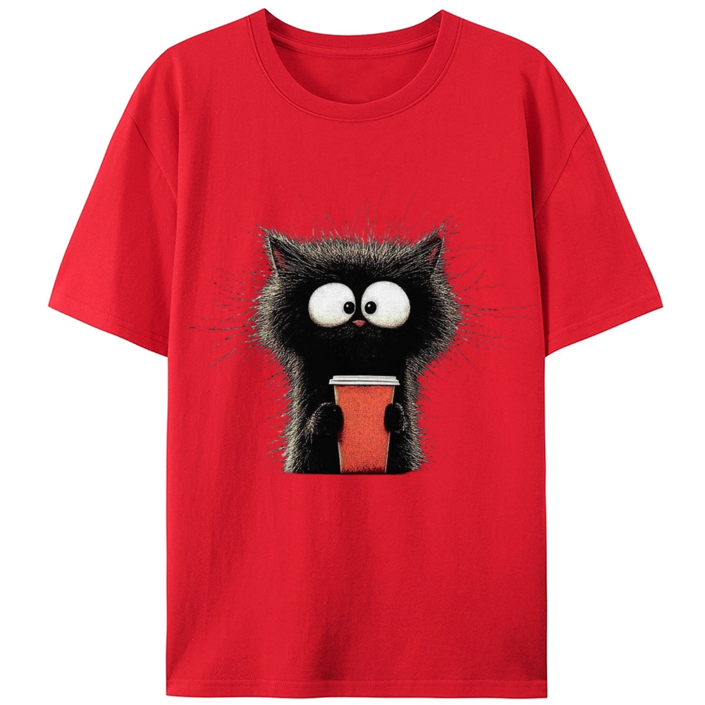 Fluffy Cat with Coffee Retro Designed for Women - Slim Fit Cotton Tee