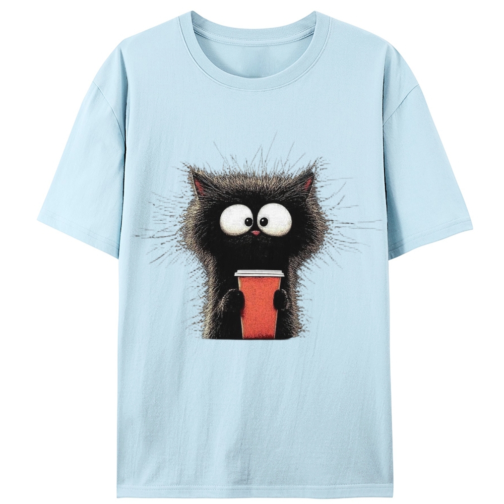 Fluffy Cat with Coffee Retro Designed for Women - Slim Fit Cotton Tee