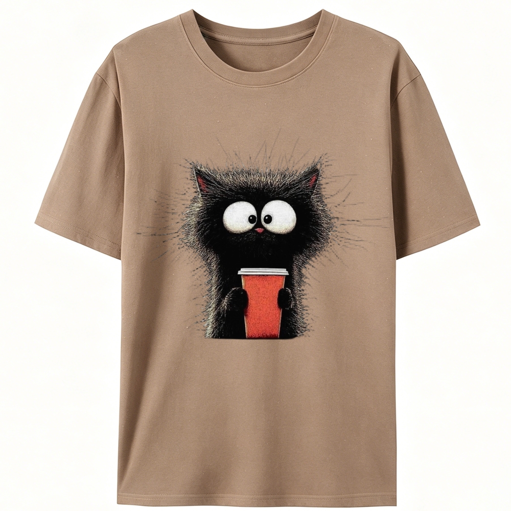 Fluffy Cat with Coffee Retro Designed for Women - Slim Fit Cotton Tee