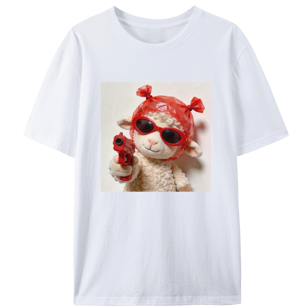 Red Gun Gangsta Lamb Meme Retro Designed for Women - Slim Fit Cotton Tee