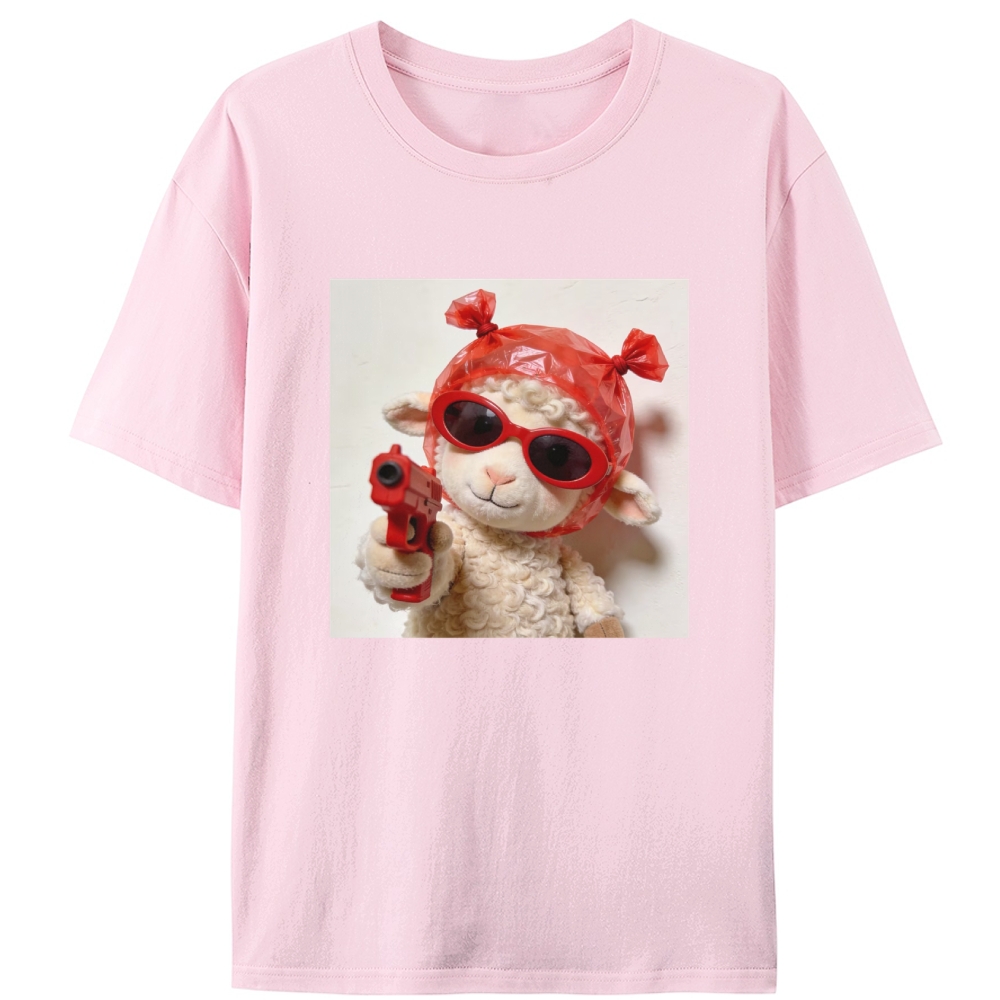 Red Gun Gangsta Lamb Meme Retro Designed for Women - Slim Fit Cotton Tee