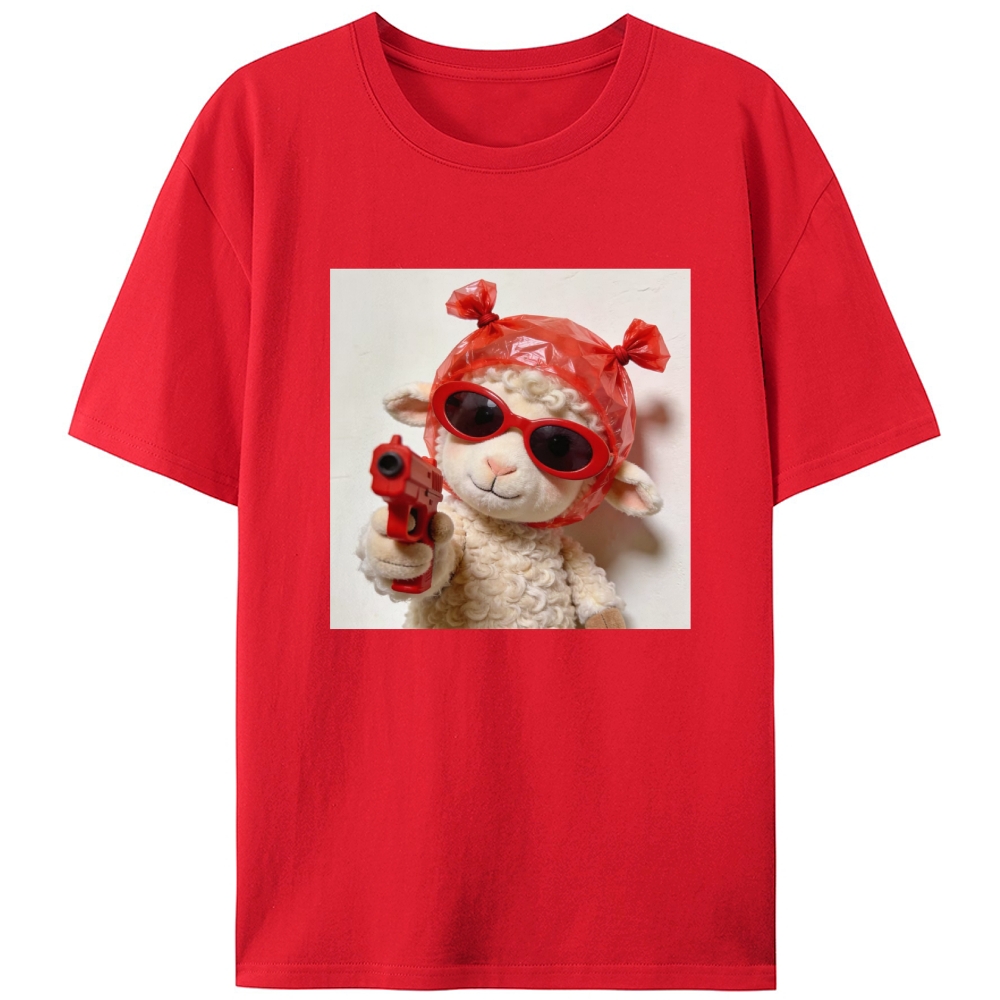 Red Gun Gangsta Lamb Meme Retro Designed for Women - Slim Fit Cotton Tee