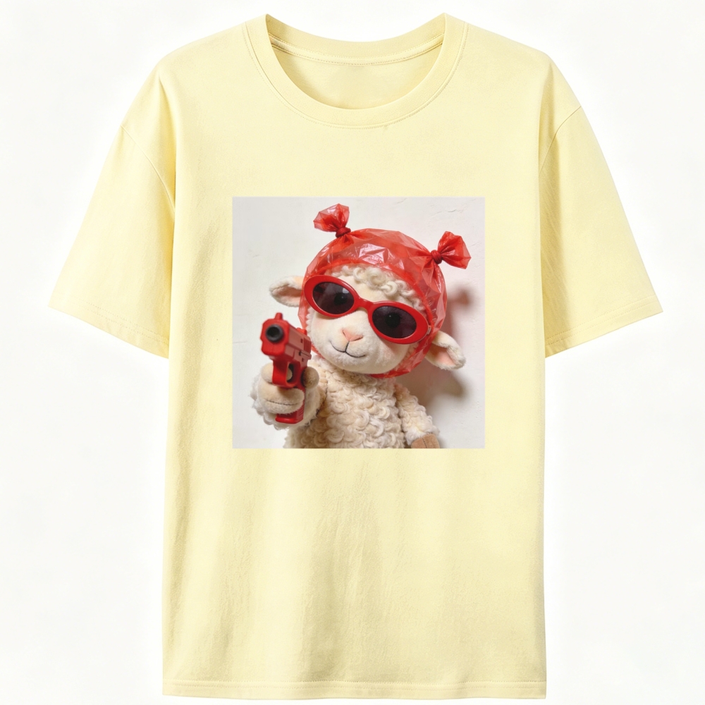 Red Gun Gangsta Lamb Meme Retro Designed for Women - Slim Fit Cotton Tee