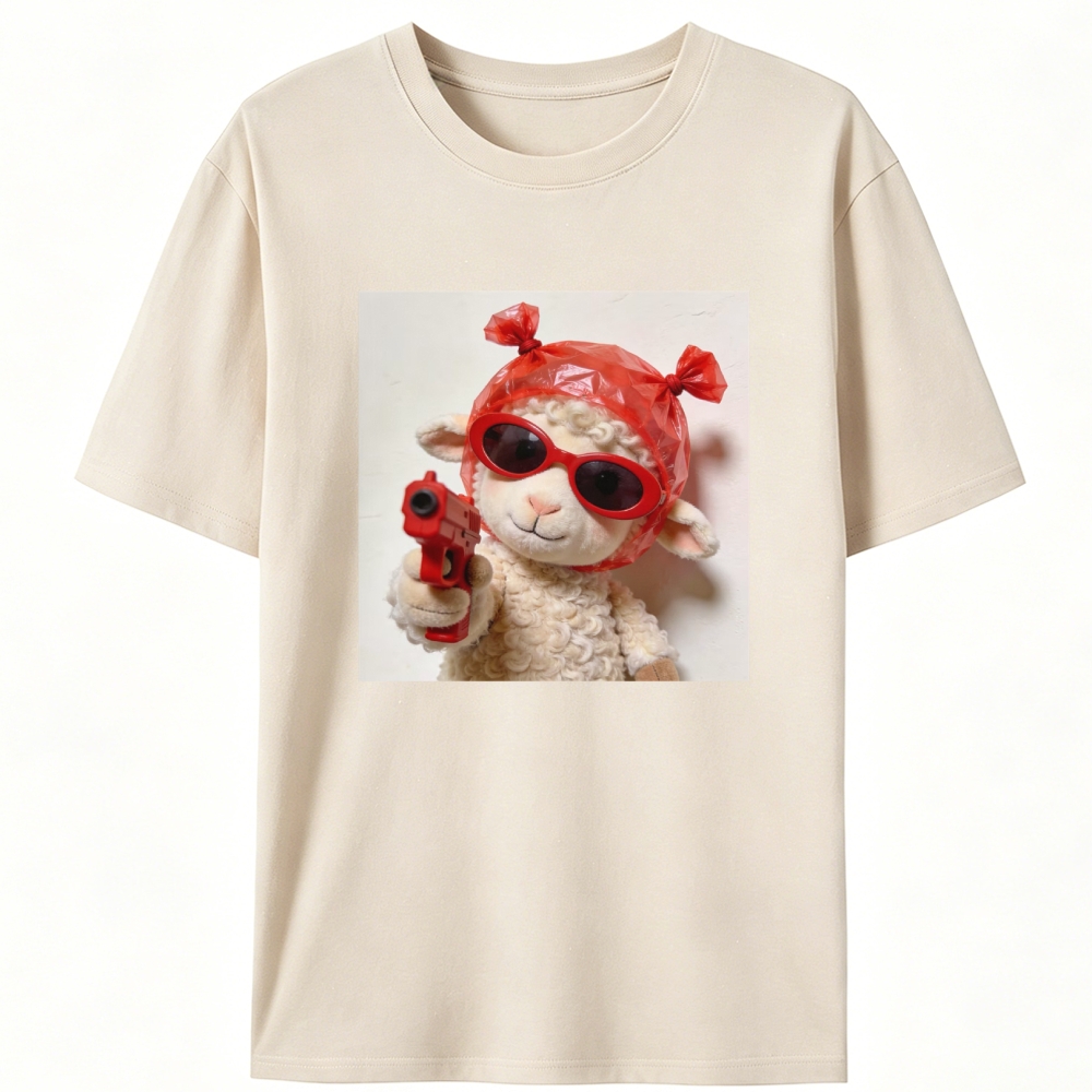 Red Gun Gangsta Lamb Meme Retro Designed for Women - Slim Fit Cotton Tee