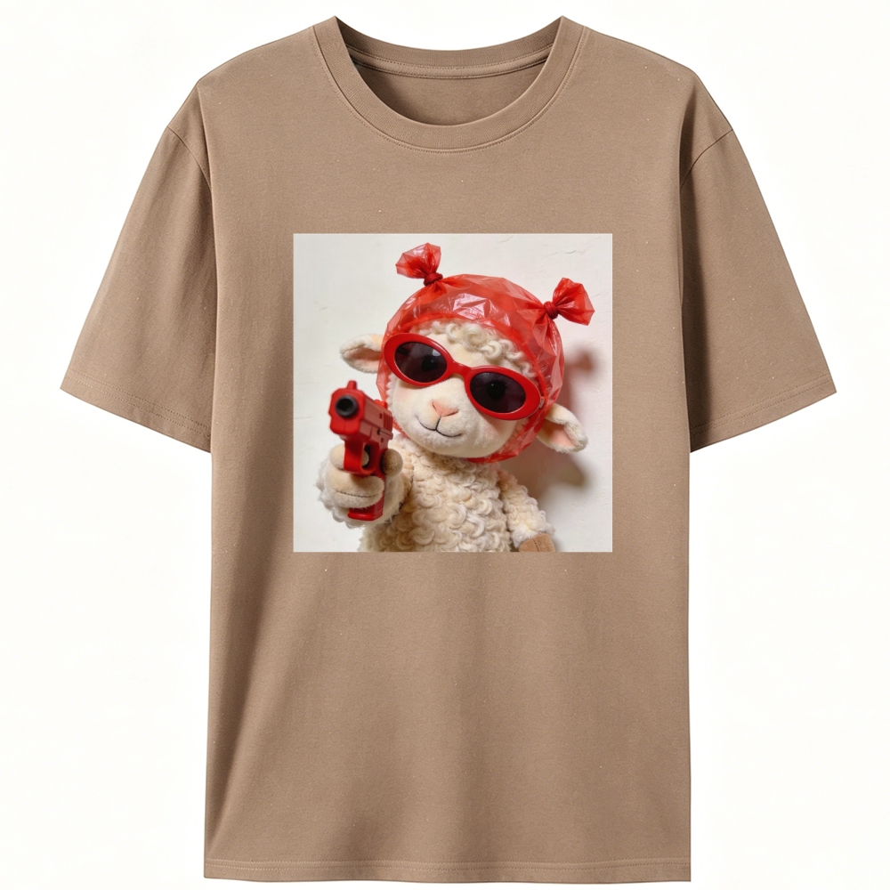 Red Gun Gangsta Lamb Meme Retro Designed for Women - Slim Fit Cotton Tee
