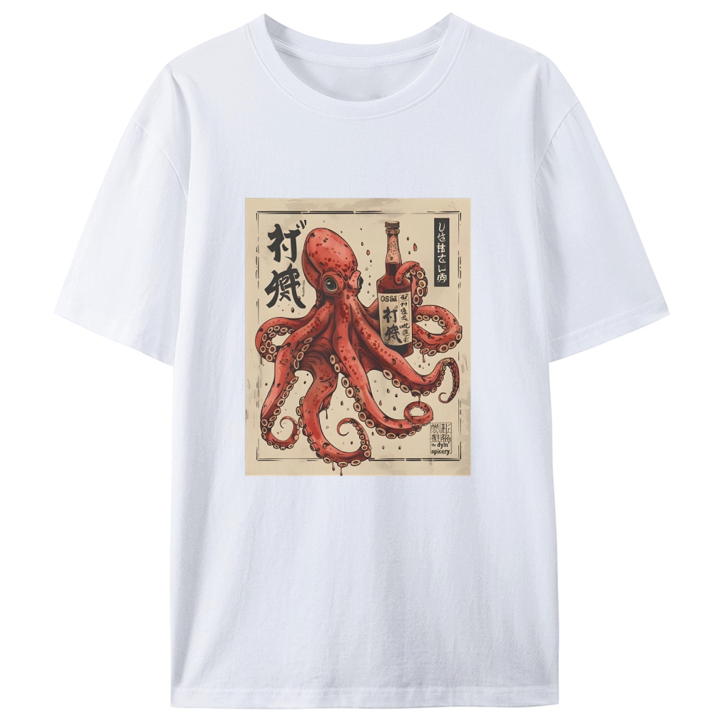Ukiyo-e Octopus Drinking Sake Retro Designed for Women - Slim Fit Cotton Tee
