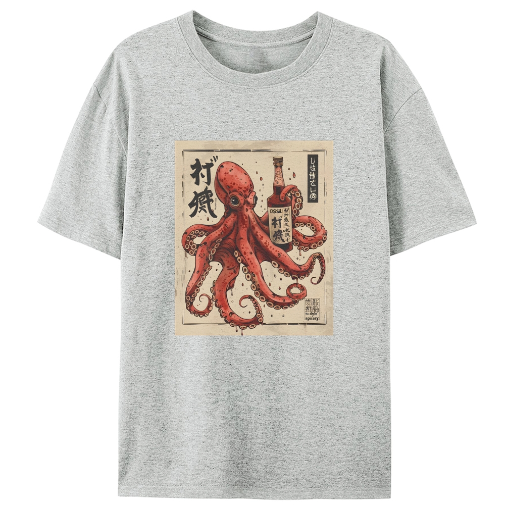 Ukiyo-e Octopus Drinking Sake Retro Designed for Women - Slim Fit Cotton Tee
