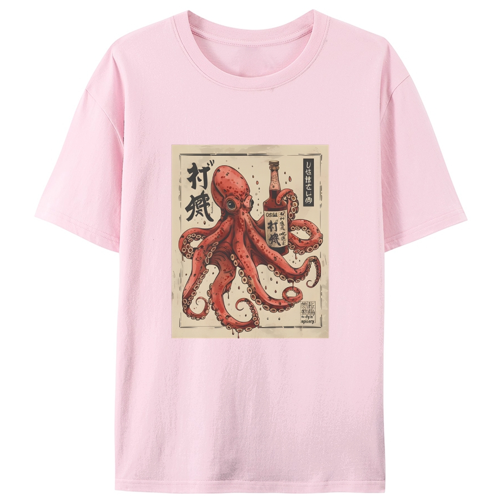 Ukiyo-e Octopus Drinking Sake Retro Designed for Women - Slim Fit Cotton Tee