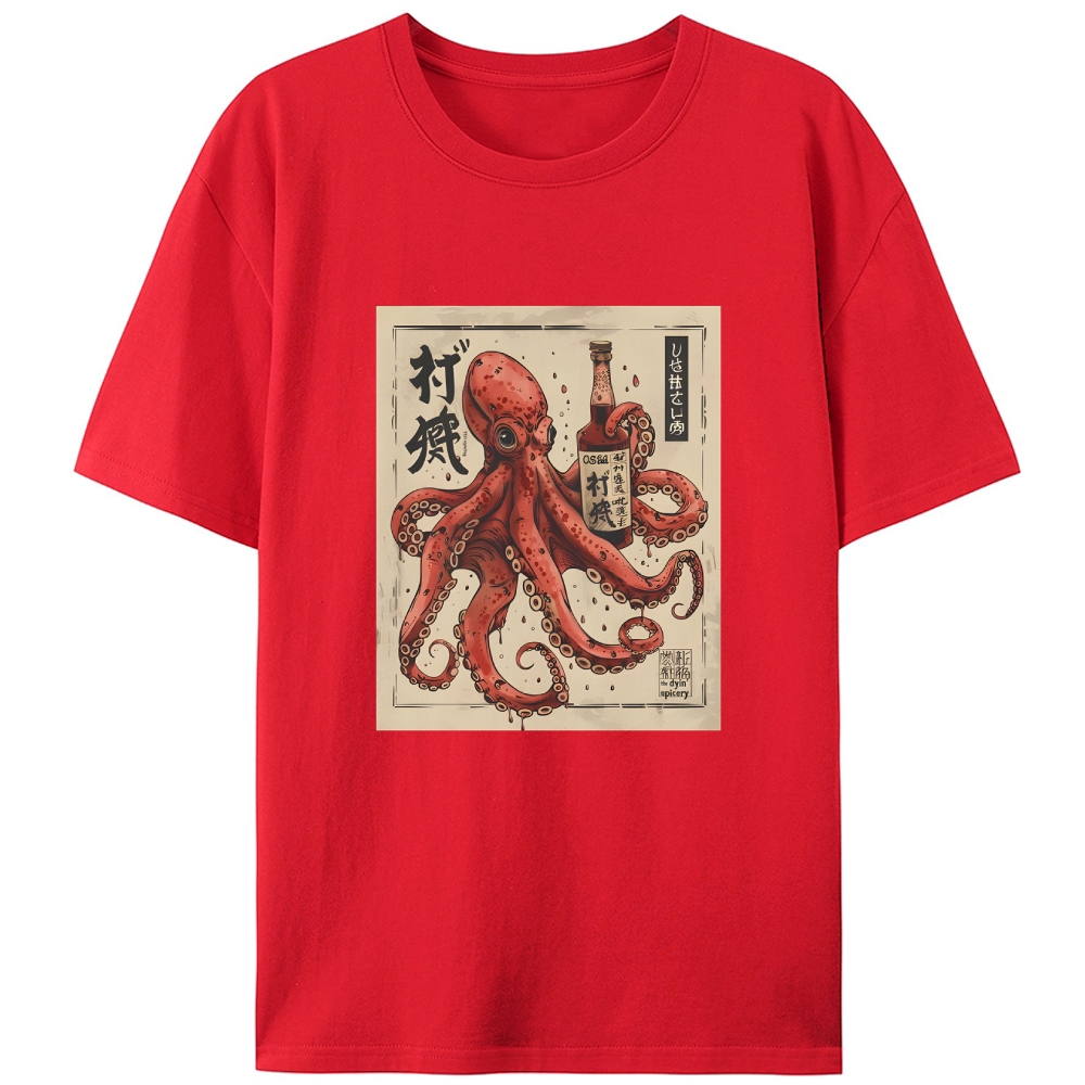 Ukiyo-e Octopus Drinking Sake Retro Designed for Women - Slim Fit Cotton Tee