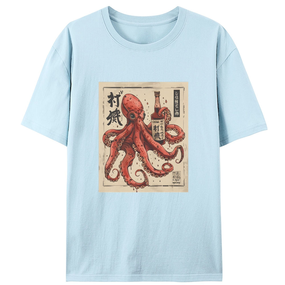 Ukiyo-e Octopus Drinking Sake Retro Designed for Women - Slim Fit Cotton Tee