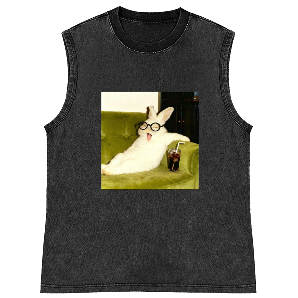 Geek Rabbit Drinking Cola Funny Retro Washed Tank Top