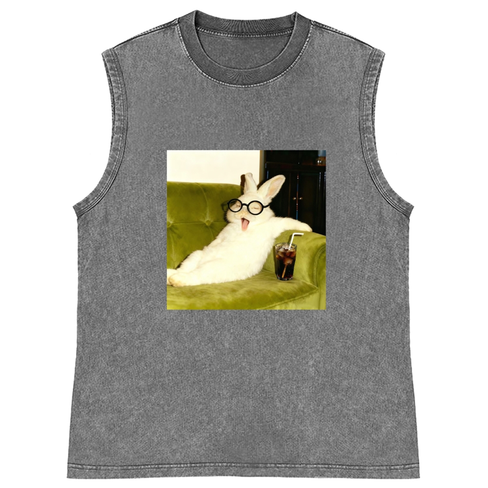 Geek Rabbit Drinking Cola Funny Retro Washed Tank Top