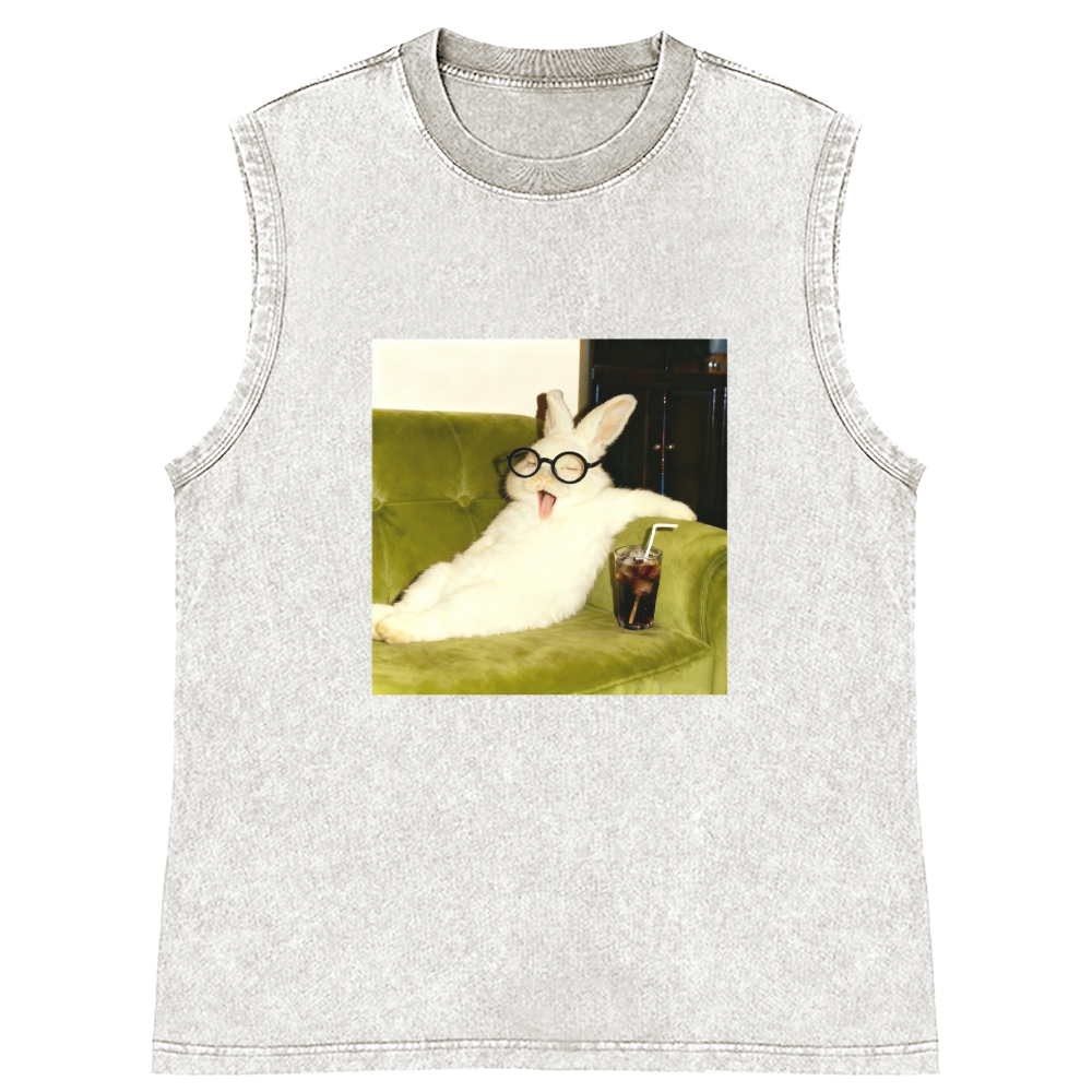 Geek Rabbit Drinking Cola Funny Retro Washed Tank Top