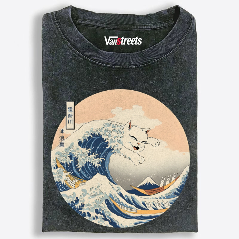 Cat Great Wave Retro Washed T-Shirt | 100% Cotton | Streetwear Essential