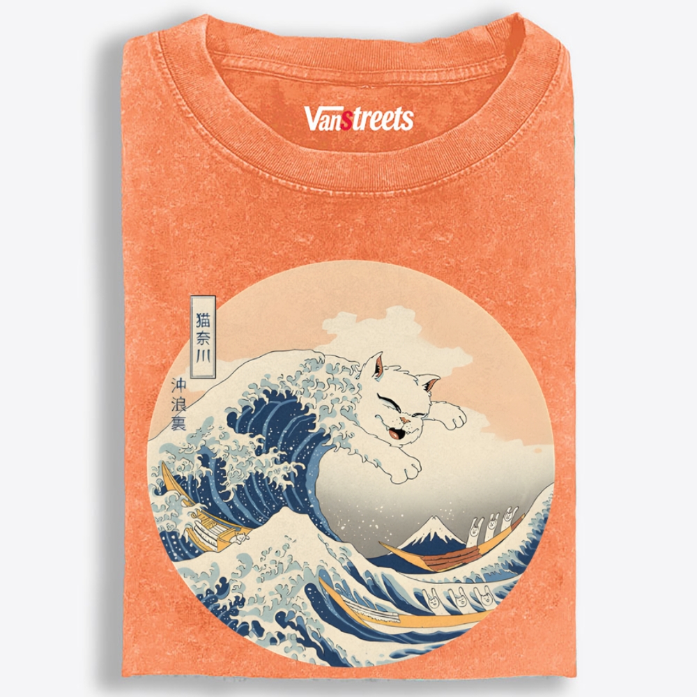 Cat Great Wave Retro Washed T-Shirt | 100% Cotton | Streetwear Essential