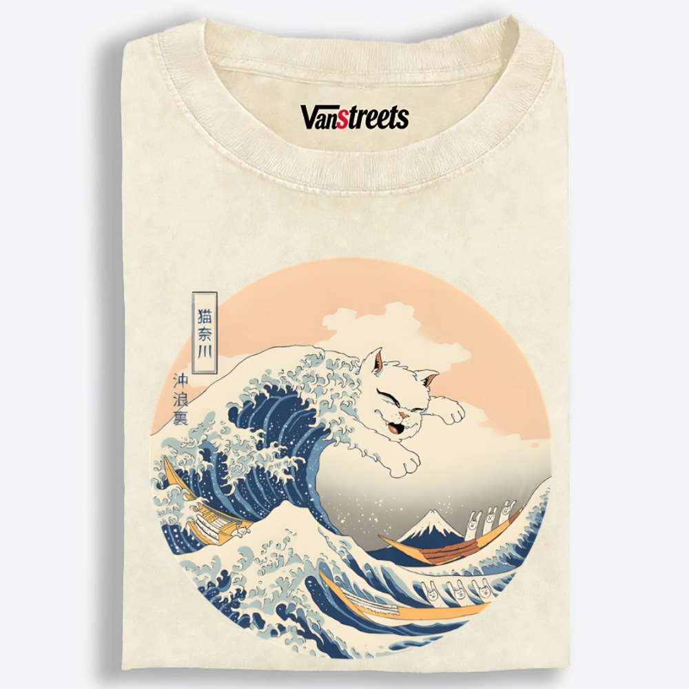 Cat Great Wave Retro Washed T-Shirt | 100% Cotton | Streetwear Essential