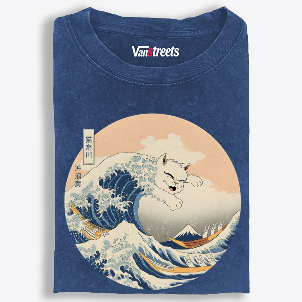 Cat Great Wave Retro Washed T-Shirt | 100% Cotton | Streetwear Essential