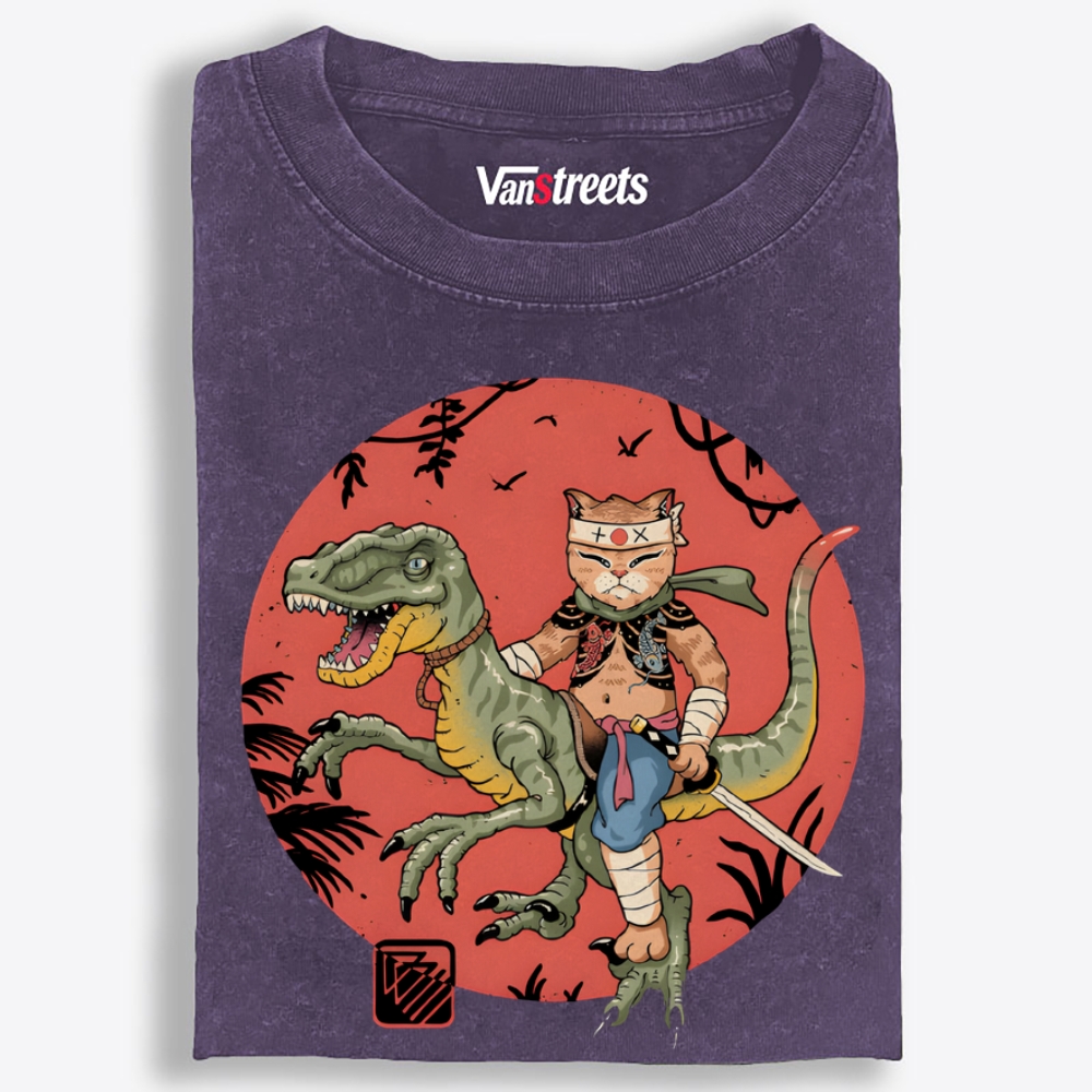 Samurai Cat Rider Retro Washed T-Shirt | 100% Cotton | Streetwear Essential